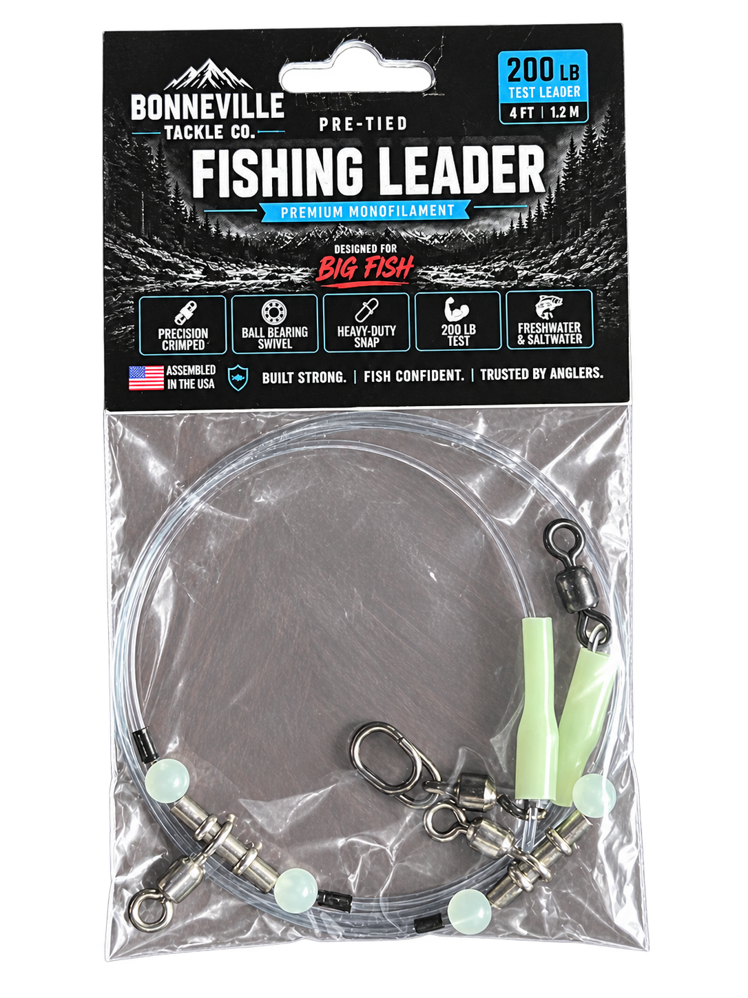 Bonneville 200 lb pre-tied fishing leader in its package